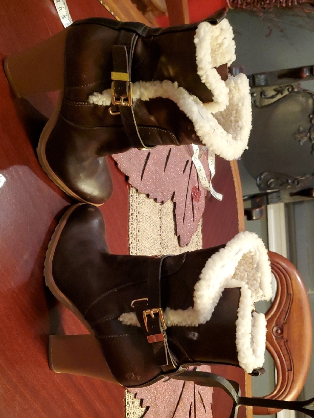 Michael Kors Women's Brown Leather Mid Calf 4in Heel Boots Shearling Distressed - Picture 7 of 15